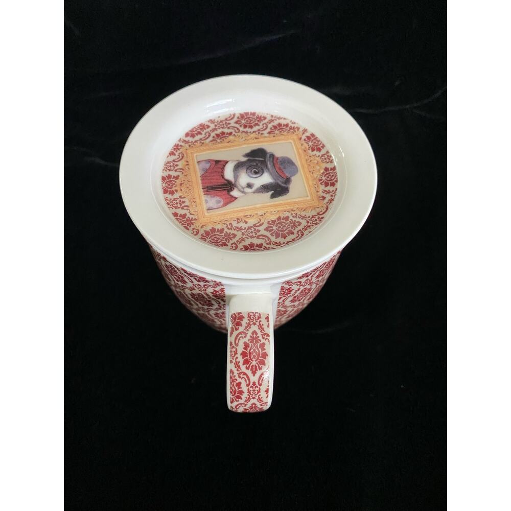 Efya Porcelain Tea Infuser Mug Red Damask Dapper Dog Portrait with Lid Strainer - Picture 6 of 12
